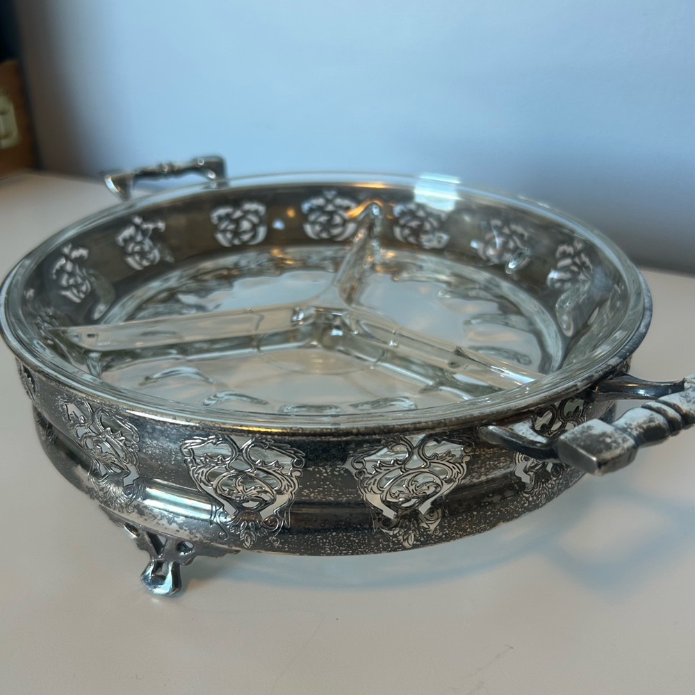 Vintage Silver Plate Relish Dish w Glass Insert Divided Serving Tray EPNS